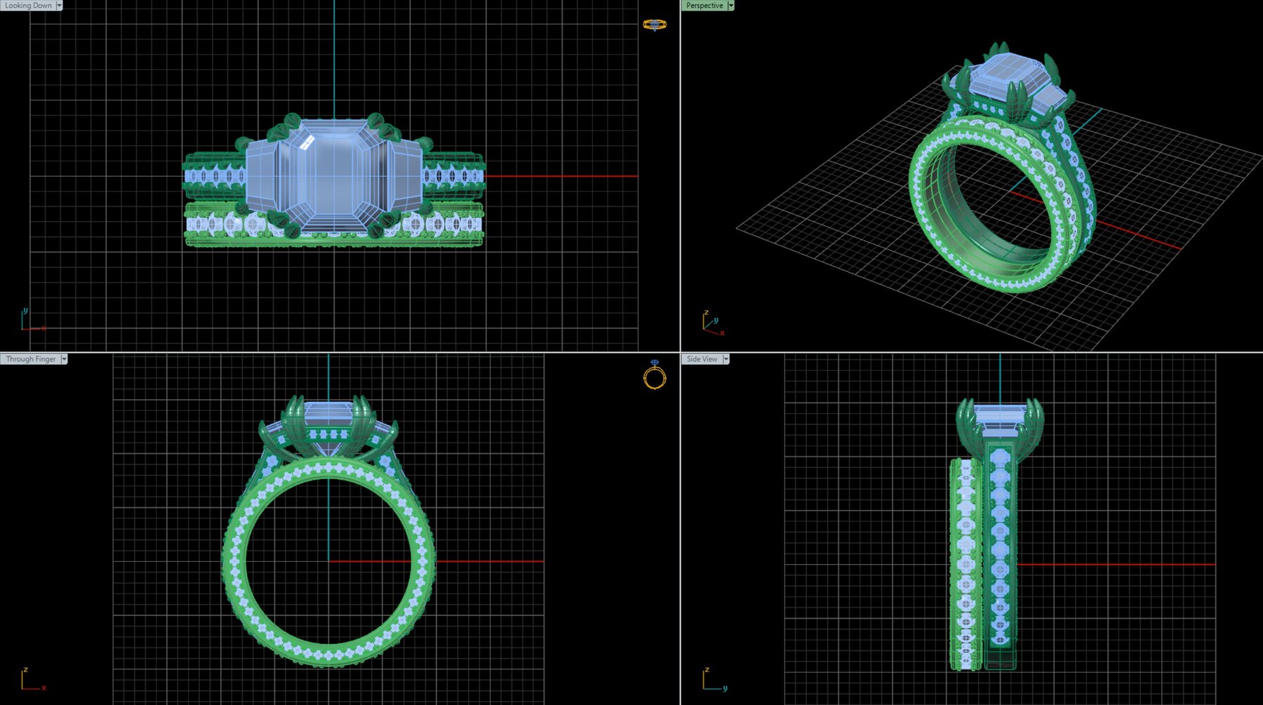 CAD design rendering for a custom engagement ring and wedding band